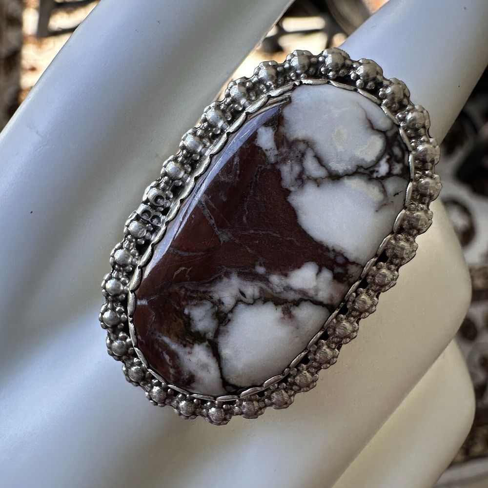 VTG Navajo James Shay Ring Wild Horse Stone Size 8.5 Sterling Silver Floral 9.9g